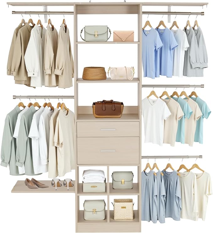 VEVOR Closet System with 2 Drawers, Adjustable Height Wooden Closet Organizers, Modern Walk-in Wardrobe Organization with 5 Retractable Clothes Hanger Rods, Freestanding Garment Rack Storage, Oak