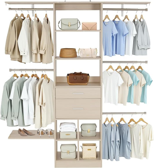 VEVOR Closet System with 2 Drawers, Adjustable Height Wooden Closet Organizers, Modern Walk-in Wardrobe Organization with 5 Retractable Clothes Hanger Rods, Freestanding Garment Rack Storage, Oak