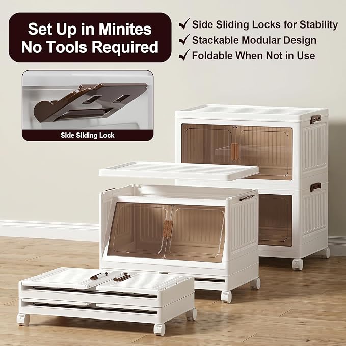 48QT Stackable Storage Bins With Lids, 2 Pack | Collapsible Storage Box, With Wheels and Doors, Foldable Storage Bins, For Bedroom Dorm Office Kitchen