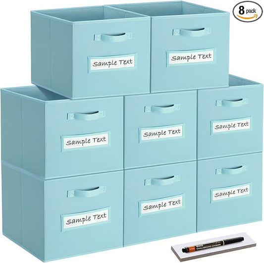 Fabric storage cubes (8 Pack) 13 Inch Cube Storage Bin, cube organizer bins with 8 Labels Window Cards & a Pen, Foldable cube organizer bins and Storage Box, Sky Blue