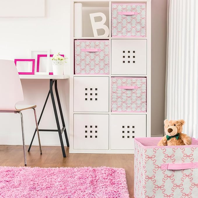 6 Pcs Pink Bow Cube Storage Bins 12.5 Inch Storage Basket with Handle, Cute Girls Organizer Basket, Collapsible Fabric Box for Classroom Bedrooms Office Home Decoration (Bow)