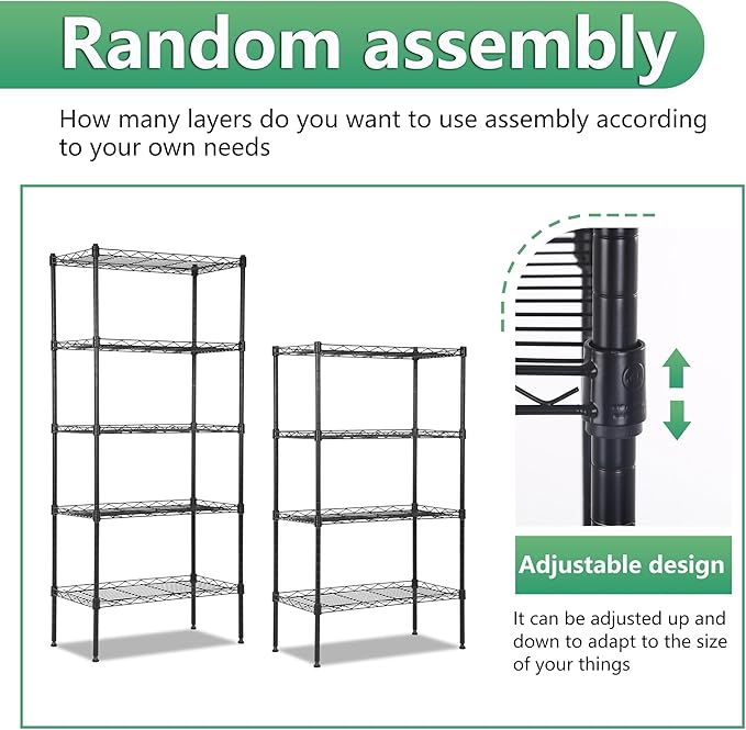 BestOffice | 5-Tier Wire Shelf | 22" x 12" x 48" | Black | Storage Shelves with Adjustable Racks, Holds upto 750 lbs | Rust-Resistant, No-Tool Assembly | For Home, Garage