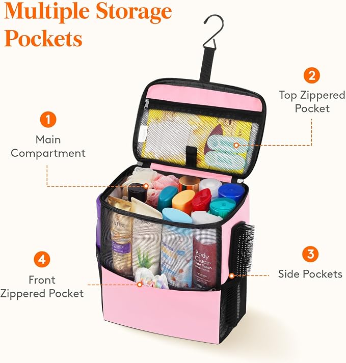 Lifewit Mesh Shower Caddy Bag Portable for College Dorm Room Essentials, Hanging Organizer Basket, Quick Dry Tote Bag for Camping, Bathroom, Beach, Travel, Large, Pink