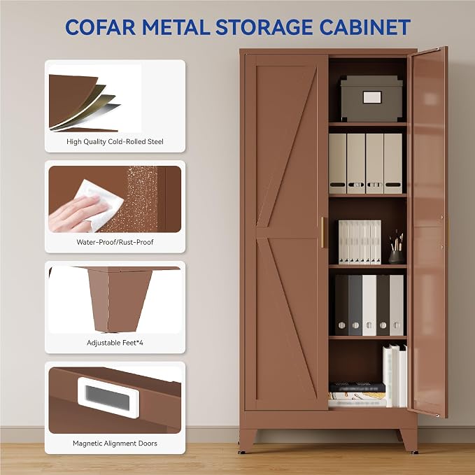 COFaR Metal Pantry Cabinet with Doors, Farmhouse 71'' Tall Storage Cabinet with 4 Adjustable Shelves, Kitchen Pantry Cabinet for Dinning Room, Garage, Laundry, Bathroom, Brown 5-Tier