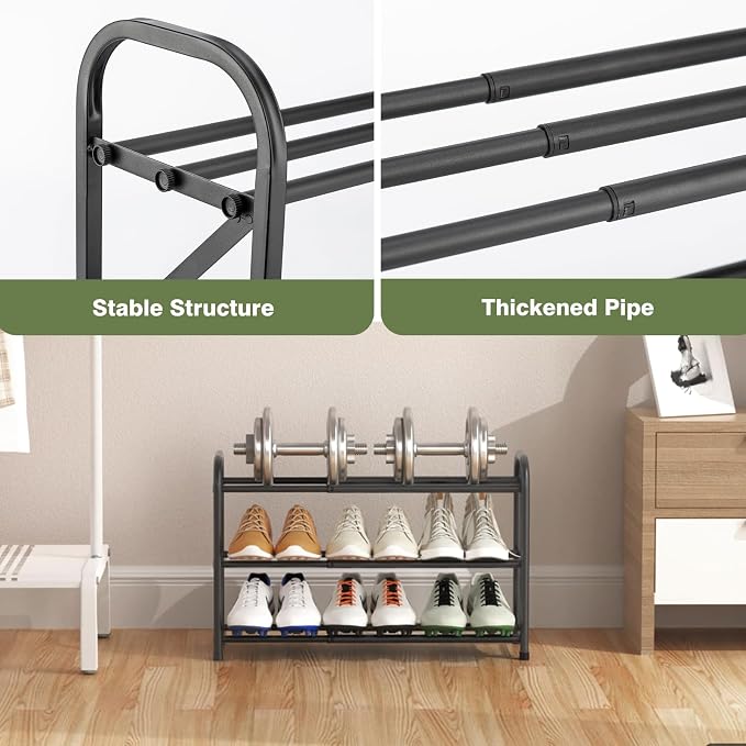 3 Tier Expandable Shoe Rack for Closet, Adjustable Small Shoe Organizer Storage, Heavy Metal Free Standing Narrow Shoe Racks for Entryway, Garage, Doorway Black 16"-33"