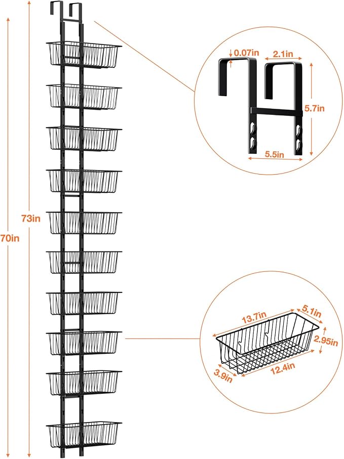 10 Tier Over the Door Pantry Organizer, Over the Door Organizer with Adjustable Baskets, Metal Hanging Door Pantry Organizers and Storage for Kitchen Bathroom Bedroom, Black