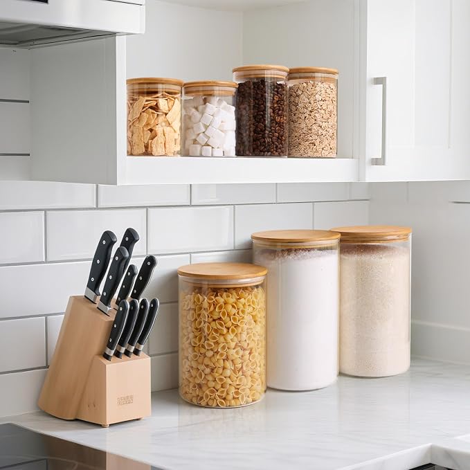 ComSaf Glass Storage Jars with Bamboo Lids 3.9 Qt 2 Pack Large Pantry Round | Flour sugar coffee beans, Pasta cereal dry food, Large capacity, Kitchen storage, Cabinet organization,Clips included