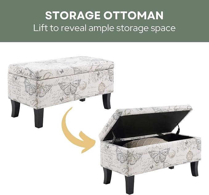 Convenience Concepts Designs4Comfort Winslow Storage Ottoman Bench 32" - Transitional Upholstered Footstool & Seat, for Living Room, Entryway, Hallway, & Bedroom, Butterfly Fabric