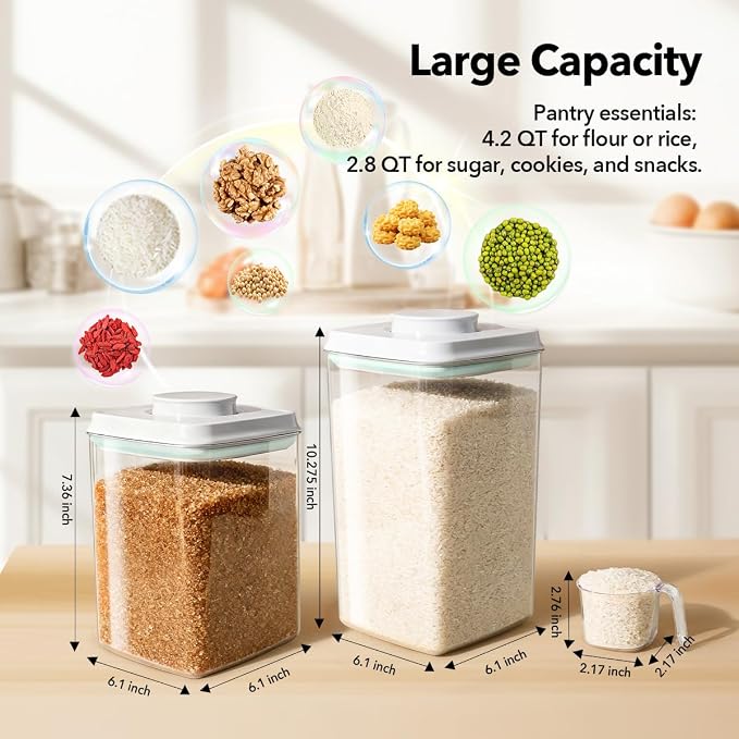 Ankou Food Storage Container Sets, 2.8 Qt + 4.2 Qt Airtight Canisters with Lids and 130ml Scoop, BPA-Free Plastic Pantry Containers for Flour, Sugar, Rice