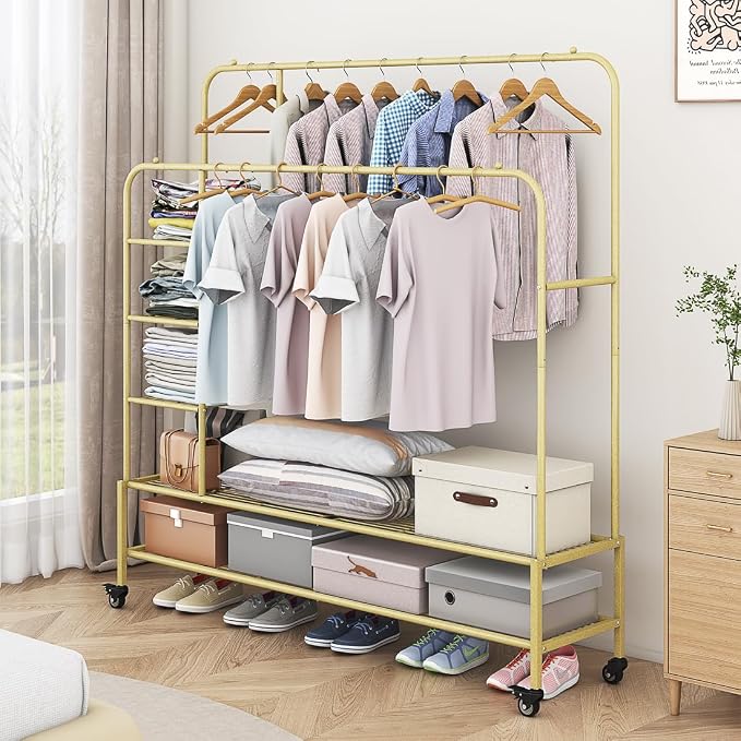 SUOERNUO Clothes Rack with Lockable Wheels Double Rods Metal Garment Racks | Portable Heavy-Duty Clothing Rack with Bottom, Rolling Clothes Shelves for Bedroom Laundry Living Room, Gold