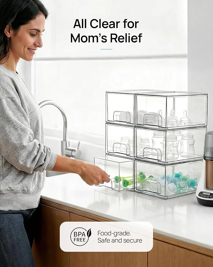 Vtopmart 6 Pack Small Clear Stackable Storage Drawers,Acrylic Bathroom Makeup Organizer,Plastic Storage Bins For Vanity, Undersink, Kitchen Cabinets, Pantry, Home Organization