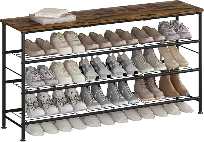 SUOERNUO 4 Tier Extra Long Shoe Rack Organizer Storage for Closet Entryway | Large Capacity Shelf,MDF Top Board,Sturdy Metal Frame,Ideal for Living Room,Hallway Black