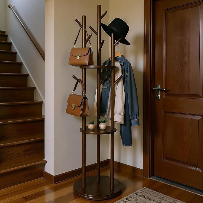 YYW 360° Wood Coat Rack Stand With Hooks And Shelves Standing Organizer | Free Standing Rotating Organizer, Includes 9 Hooks And 3 Shelves, Perfect For Bedroom, Hallway, Small Space