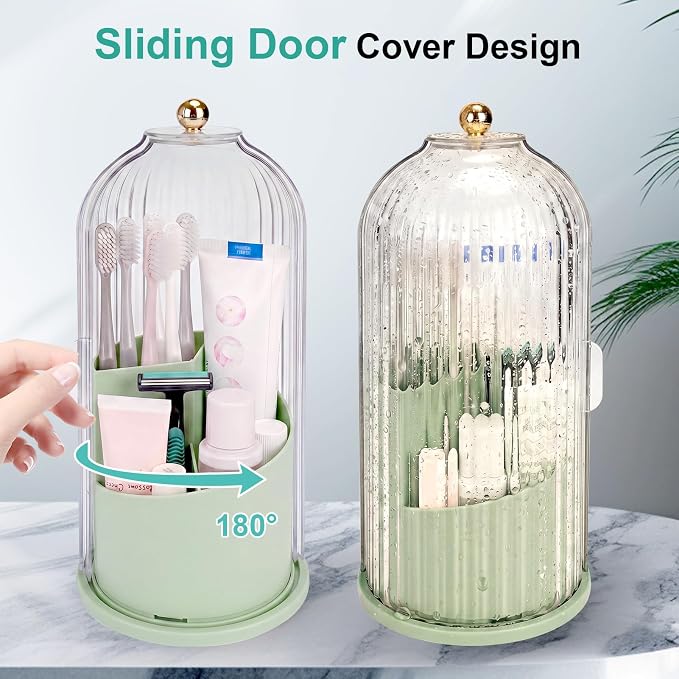 QIYVLOS Toothbrush Holders with Sliding Lid, Rotating 3 Slots Bathroom Organizer Countertop, Tooth Brush Toothpaste Holder Bathroom Counter Stand Sink Organizer Caddy for Makeup Brushes Holder (Green)