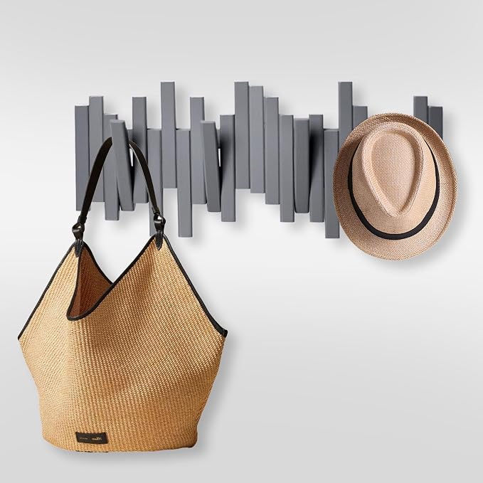 MinBoo Bamboo Multi Hook Coat Rack Modern, Unique, Space-Saving Coat Hanger with 4 Flip-Down Hooks for Hanging Scarves, Key, Hat, Umbrella and More, Gray