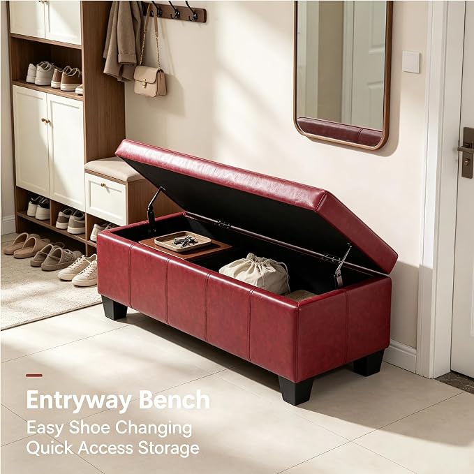 41.5 Inch Burgundy Red Faux Leather Storage Ottoman Bench Accent Furniture | 2.8 cu ft hidden storage,660 lbs weight capacity,solid wood legs,decorative piece for living room bedroom