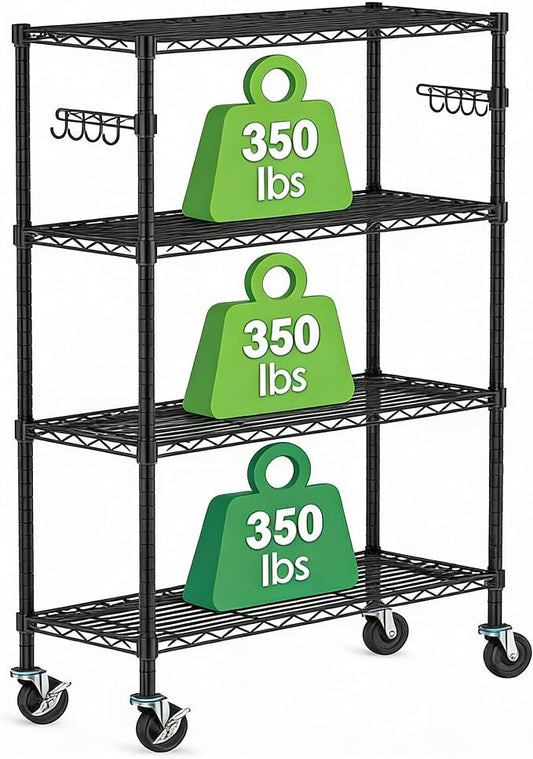 4 Tier Wire Metal Shelving Rack Garage Storage Rolling Shelves with Wheels | Heavy Duty Adjustable Industrial Shelving Steel Wire Organizer Rack for Kitchen Garage Pantry Office Bathroom