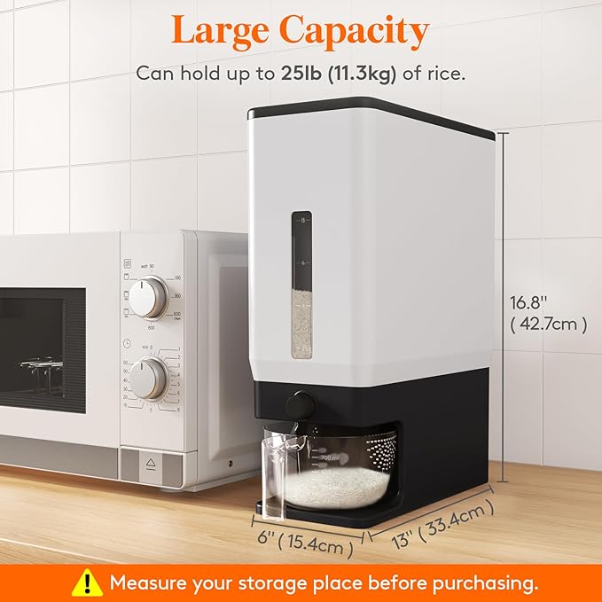 Lifewit 2 Pack Rice Dispenser 25 Lbs(11.3kg), Rice Storage Container Sealed Moisture Proof with Measuring Cup for Kitchen Pantry Household, BPA-Free, Black