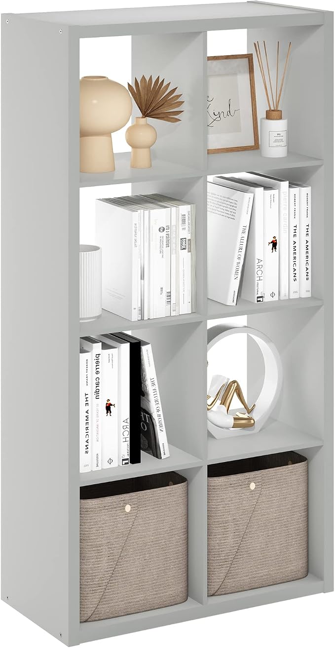 8-Cube Cubicle Bookshelf, Cube Bookcase with Open Back, Reversible Book Shelf, Cube Storage Organizer, 15 x 30 x 58, for Living Room, Home Office, Light Grey