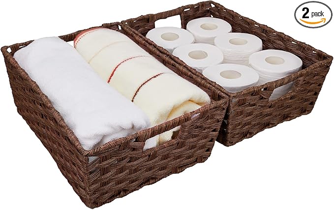 Onlytak Large Wicker Storage Basket, Metal Frame, Set of 2, Washable Waterproof, 15" x 10.3" x 5.2", Brown Color, Woven Basket for Pantry, Toilet, Bathroom, Bedroom, Patio