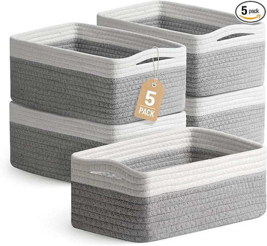 5 Pack Decorative Small Storage Baskets for Shelves, Cotton Rope Woven Basket for Organizing Bathroom, Nursery, Closet, Cabinet, Toys & Socks, Gift Baskets Empty, 11.8"x7.9"x4.7", Gray/White