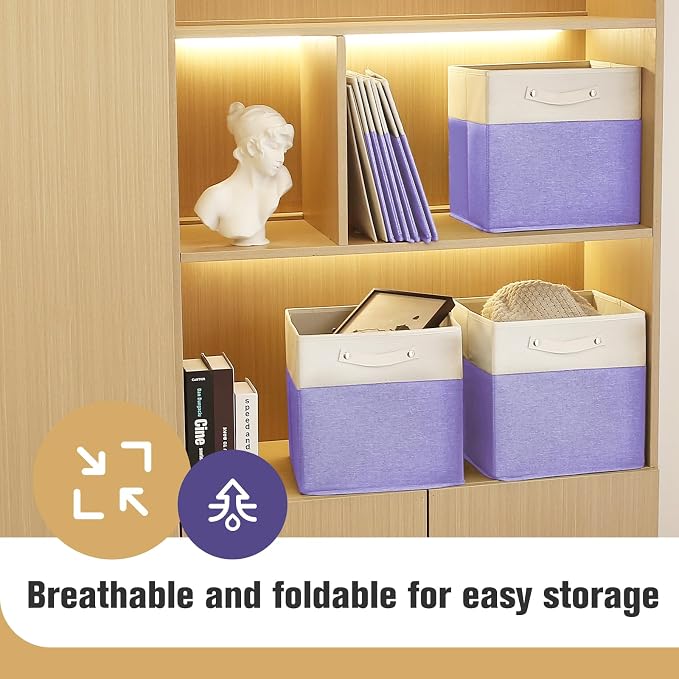 FinishingBo 13x13x13 Storage Cube Bins 6 Pack, Cube Shelf Baskets | Foldable Storage Cubes, Linen Storage Bins with Handles, Closet Organizers, White/Purple