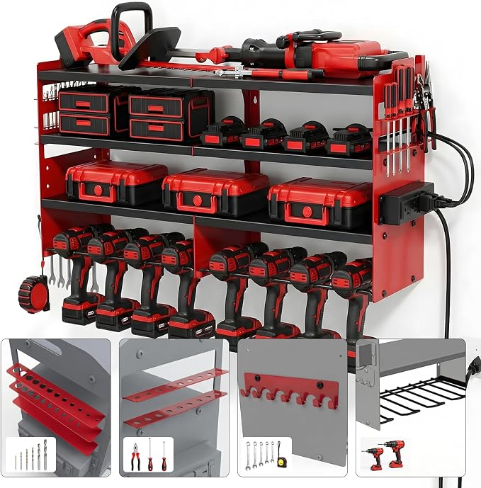 Power Tool Organizer Wall Mount, Includes Power Strip, RED | Heavy Duty 600 Lbs Metal Tool Storage Rack, 4-Tier Garage Drill Holder & Workshop Battery Management Station
