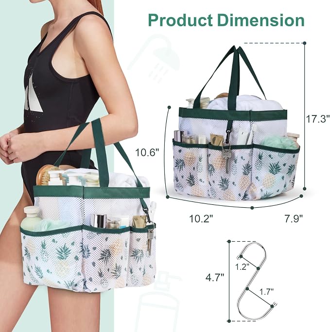F-color Shower Caddy Portable - Mesh Shower Bag Basket Tote for College Dorm Room Essentials Bathroom Gym Camp Quick Dry for Women Men with S Hook, Green Pineapple | 2-Handle, Quick-Dry, Toiletry Organizer, College Dorm Room Essentials for Girls, Gym, ...