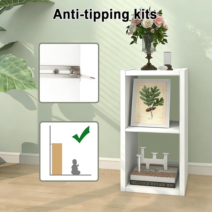 2 Cube Storage Organizer Shelf with Anti-Tipping Kits, Wooden Thick Frame, Reversible Open Back Bookcase, Horizontal and Vertical Dual-Use, White, 11 Inch