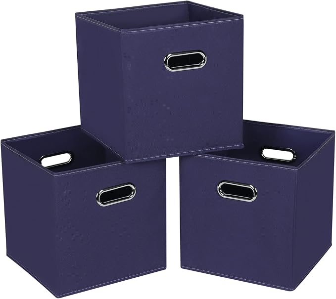 Fabric Cloth Storage Bins,Fabric Cube Bins Organizer with Dual Handles Foldable Cube Storage Baskets for Home Bedroom Storage,Set of 3,(Navy Blue)