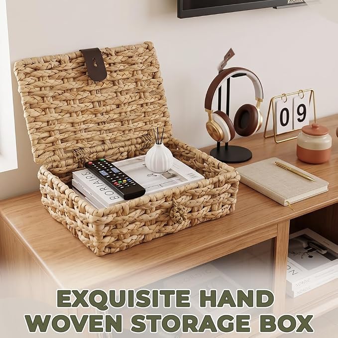 Decorative Boxes with Lid Water Hyacinth Woven Decor Wicker Storage Basket | Small Rectangular Woven Shelf, Cute Wicker Storage Baskets, Bins for Coffee Table, Organize Snack Home Decor