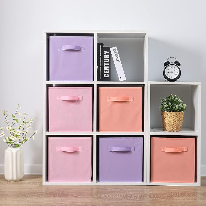 Stero Fabric Storage Bins 6 Pack Fun Colored Durable Storage Cubes with Handles Foldable Cube Baskets for Home, Kids Room, Closet and Toys Organization Purple, Pink, peachpuff