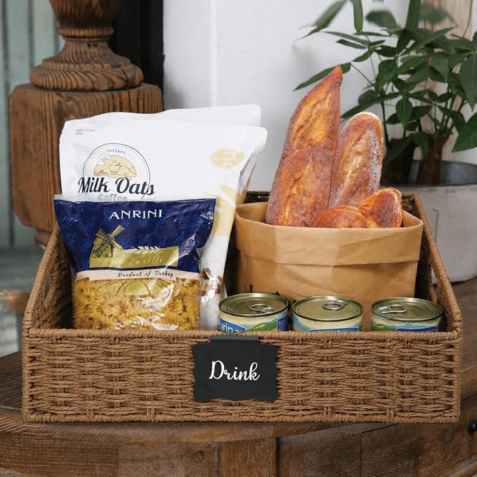 Pantry Organizers, Large Wicker Baskets for Shelves, Labeled Storage Baskets for Organizing with Handles - Paper Storage Bins for Shelves, 3 Pack, Brown