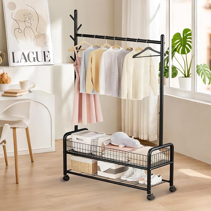 MYUPDALIN Clothes Rack with Shelves, Clothing Rack with Wheels, Multifunctional Hangers with Storage Baskets and Shoe Racks, Ideal for Bedrooms and Living Rooms (Black, Bold 90cm/35in)