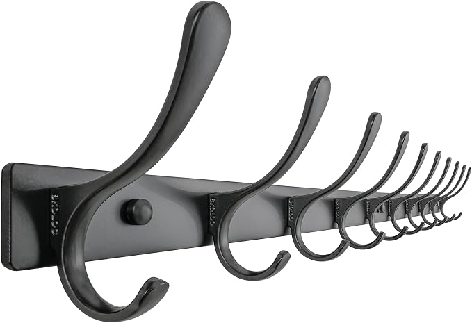 SKOLOO Coat Rack Wall Mounted - 10 Hooks, Heavy Duty, Stainless Steel, Metal Wall Hangers, Sturdy Coat Hooks for Hanging Coats, Jacket, Clothes, Hat, Black