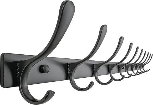 SKOLOO Coat Rack Wall Mounted - 10 Hooks, Heavy Duty, Stainless Steel, Metal Wall Hangers, Sturdy Coat Hooks for Hanging Coats, Jacket, Clothes, Hat, Black