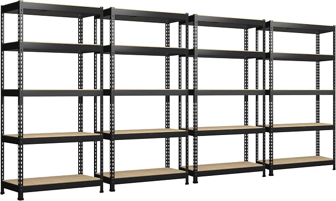 PrimeZone 71"H Storage Shelves, 5 Tier Adjustable Metal Shelf, 4 PCS, Black | 35.5"W x 15.75"D x 71"H, Heavy Duty Metal Connectors, FSC Wood Board, Easy Assembly, Standing Rack for Warehouse, Basement