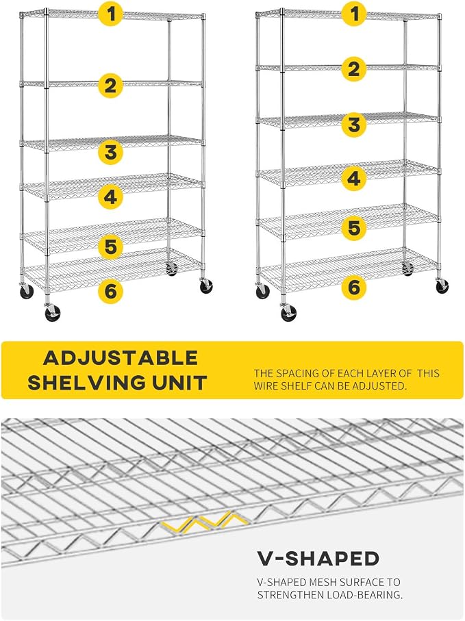 BestOffice | 6-Tier Wire Shelf with Wheels | 18" x 48" x 78" | Chrome | Storage Shelves with Adjustable Racks, Holds upto 600 lbs | Rust-Resistant, No-Tool Assembly | For Home, Garage