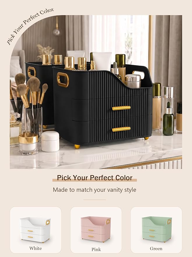 Booklov Large Makeup Organizer for Vanity, Bathroom Countertop, Black | Plastic Cosmetic Display Case with Drawers, Beauty Brush Holder for Dresser Counter Skincare Eyeshadow Lipstick Storage