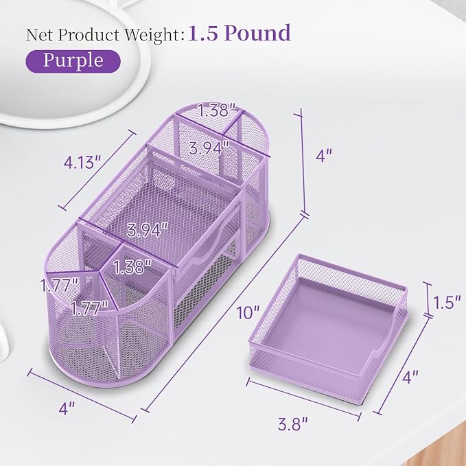 Mesh Desk Organizer, Desk Organizers and Accessories with Drawers, Pen Holder for Desk with 2 Drawers with 9 Compartments for Office Supplies, Purple
