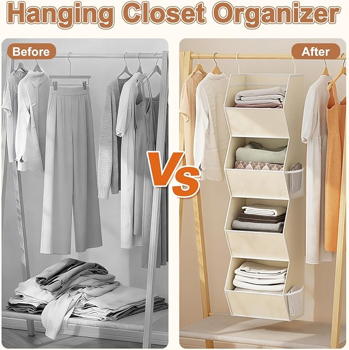 4 Shelf Hanging Closet Organizer Closet Storage for Wardrobe 2 Packs Beige | Hanging Storage Organizer for Closet Organizers and Storage, Hanging Clothes Organizer for Closet Organizer Closet Shelves