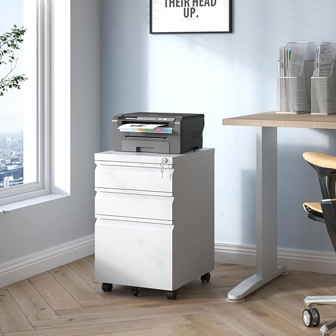 Guizeeopo 3 Drawer File Cabinet with Lock, File Cabinets for Home Office,Under Desk Cabinet, Locking File Cabinet for A4/Letter/Legal, Fully Assembled Expect Casters, Matte White