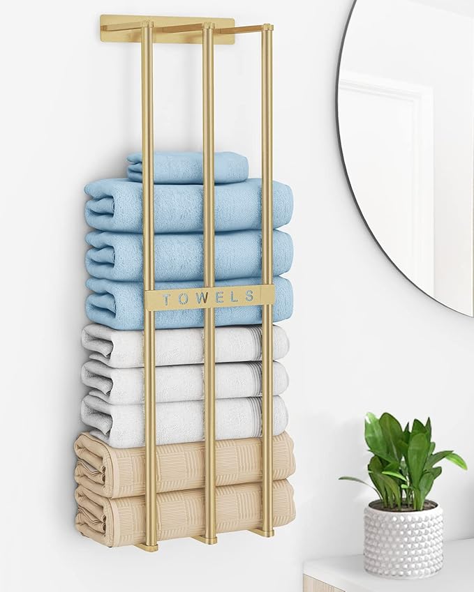Bethom Towel Racks for Bathroom, Towel Storage Holder Space Saving, Gold | 30 Inch Towel Rack for Rolled Towels, Modern Minimalist Style, Rust-Proof, Perfect for narrow shower wall & compact bathrooms