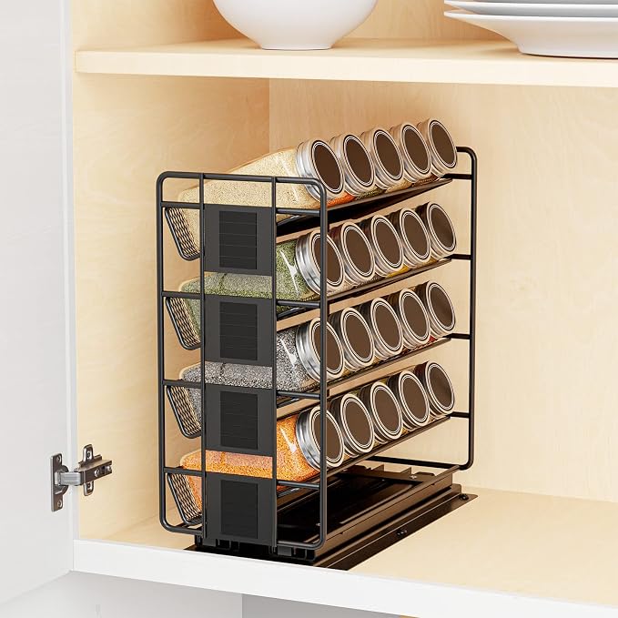 SpaceAid Pull Out Spice Rack Organizer with 20 Jars, Heavy Duty Slide Out Seasoning Organizer for Kitchen Cabinets, with 801 Labels and Chalk Marker, Right Facing (Pack of 2)