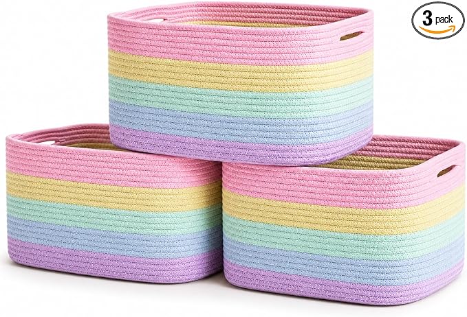 OrganiHaus Rainbow Baskets for Shelves, Set of 3, 15x9x10 | Colorful, handwoven cotton rope; a toy bin for playroom, classroom, or girls' room decor; great for nursery too