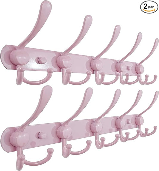 Dseap Coat Rack Wall Mounted - 5 Tri Hooks, Heavy Duty, Stainless Steel, Metal Coat Hook Rail for Coat Hat Towel Purse Robes Mudroom Bathroom Entryway (Pink, Pack of 2)