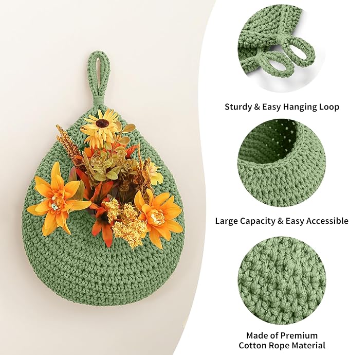 Boho Wall Hanging Fruit Baskets for Kitchen 3 Pack Woven Produce Holder with 6 Pcs Strong Hooks Vegetable Hanging Basket for Organizing Teardrop Home Wall Potato Onion Storage, Green