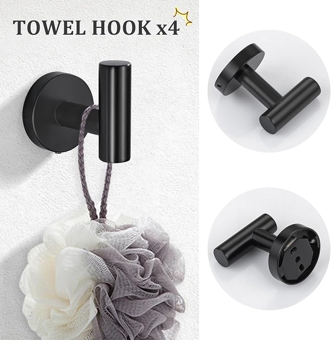 TURS Matte Black 10 Pieces Bathroom Hardware Set, SUS304 Stainless Steel 24 Inch Bath Towel Bar Set, Round Bathroom Accessories Kit Wall Mounted