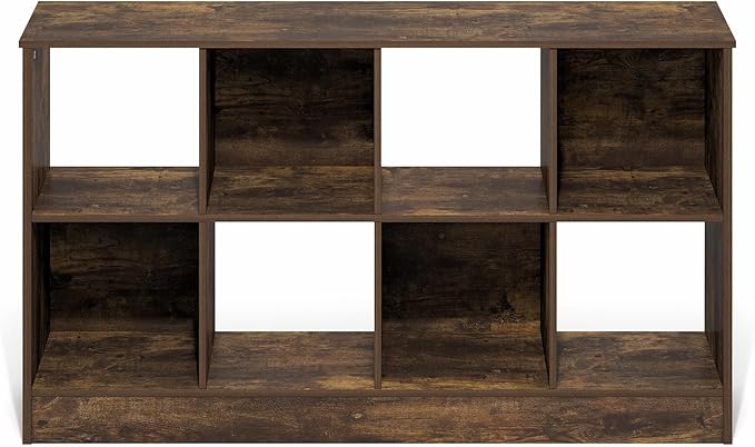 Furinno Jensen Book Shelf, 8-Cube Farmhouse Bookshelf, Display Bookcase, 11.8 x 47.6 x 26.8, for Living Room, Bedroom, Home Office, Amber Pine