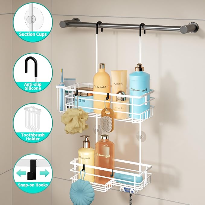 HapiRm Hanging Shower Caddy Organizer - No Drilling Shower Shelves with Hooks and Toothbrush Holder, Rustproof 304 Stainless Steel Bathroom Organizer - White